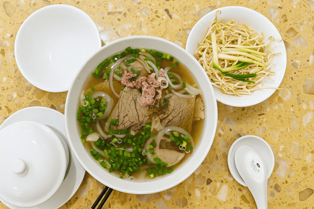 The special pho is loaded with rare beef, brisket, tendon, and meatballs, all in a naturally sweet broth